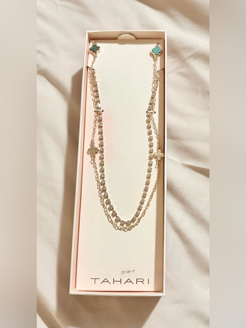 Tahari Gold Tone Layered Rhinestone Green Clover Necklace NIB